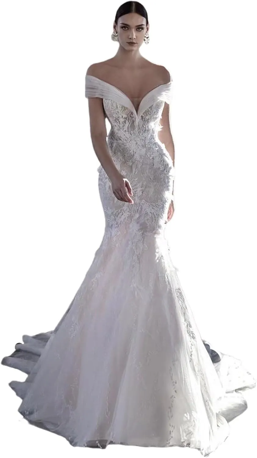 Boho Off Shoulder Tulle Wedding Dresses for Bride Lace Applique Long Train Bridal Gowns