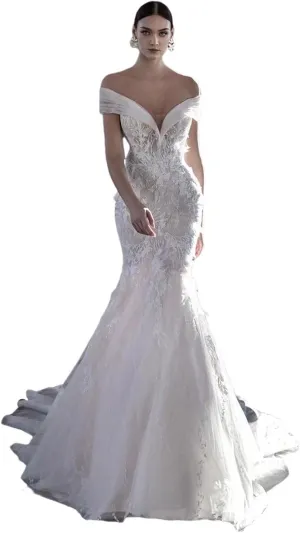 Boho Off Shoulder Tulle Wedding Dresses for Bride Lace Applique Long Train Bridal Gowns