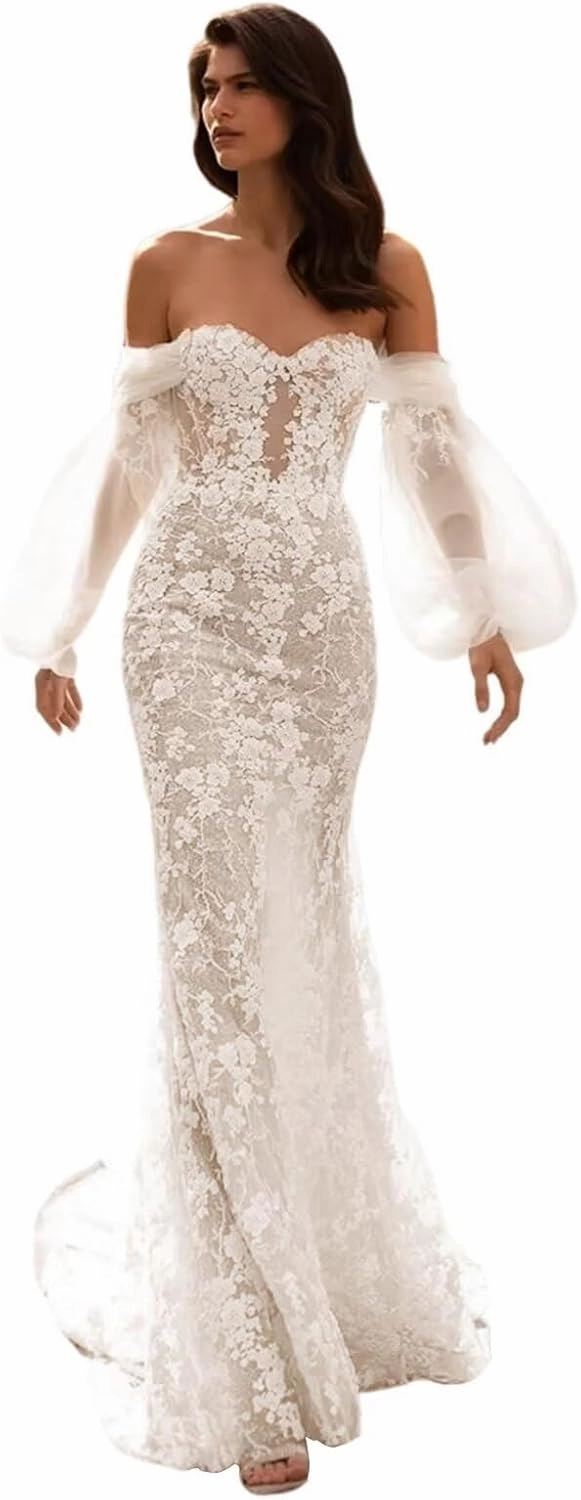 Boho Off Shoulder Tulle Wedding Dresses for Bride Lace Applique Long Train Bridal Gowns