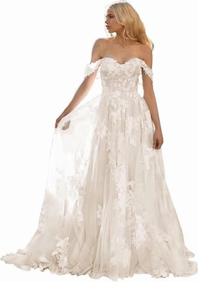 Boho Off Shoulder Tulle Wedding Dresses for Bride Lace Applique Long Train Bridal Gowns