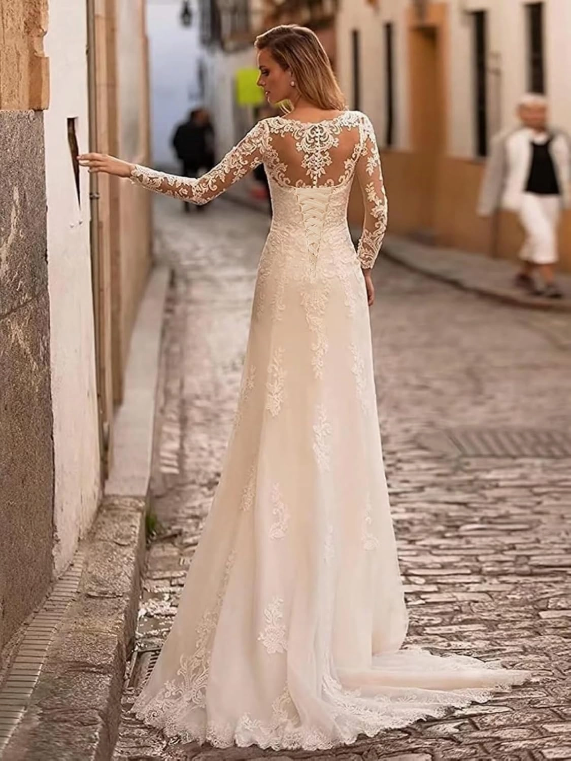 Boho Off Shoulder Tulle Wedding Dresses for Bride Lace Applique Long Train Bridal Gowns