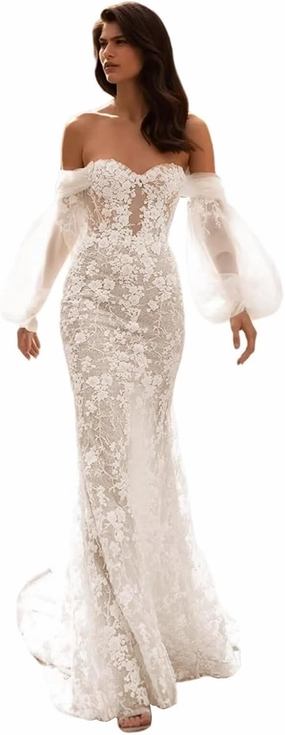 Boho Off Shoulder Tulle Wedding Dresses for Bride Lace Applique Long Train Bridal Gowns
