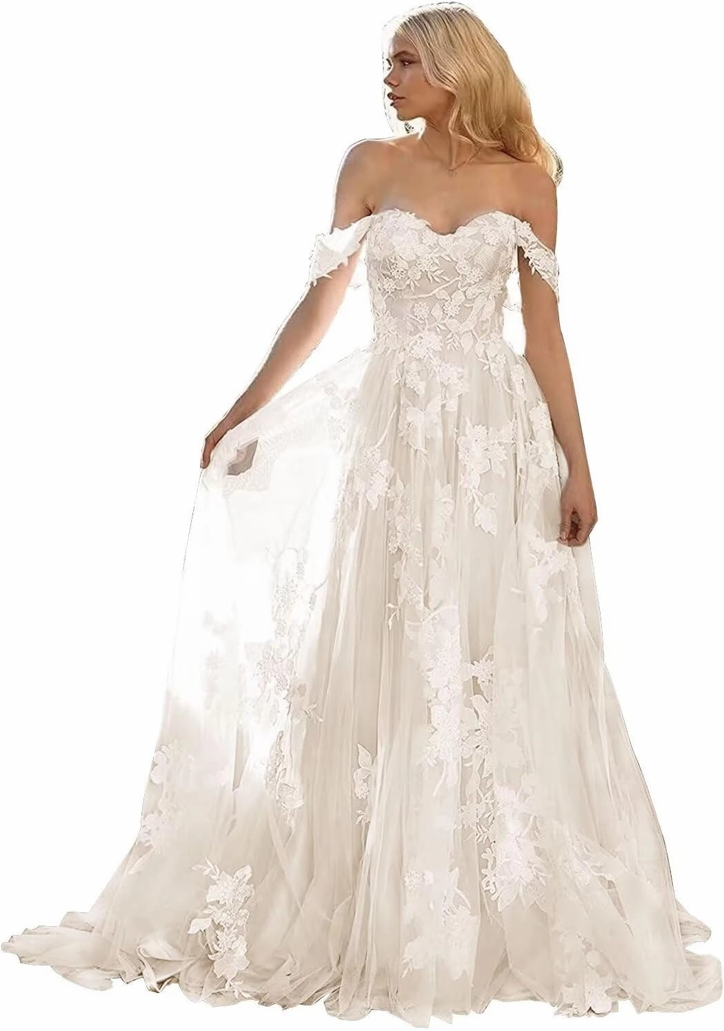 Boho Off Shoulder Tulle Wedding Dresses for Bride Lace Applique Long Train Bridal Gowns