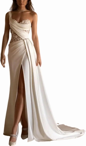 Boho V Neck Wedding Dresses for Bride Lace Applique Sleeveless Long Train A Line Bridal Ball Gowns with Slit
