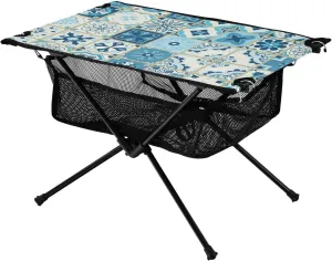 Bolaz Outdoor Folding Portable Picnic Camping Table-Mediterranean Style Blue Design,Storage Mesh for Camping Gear Accessories, Hiking, Mountaineering, Outdoor Travel