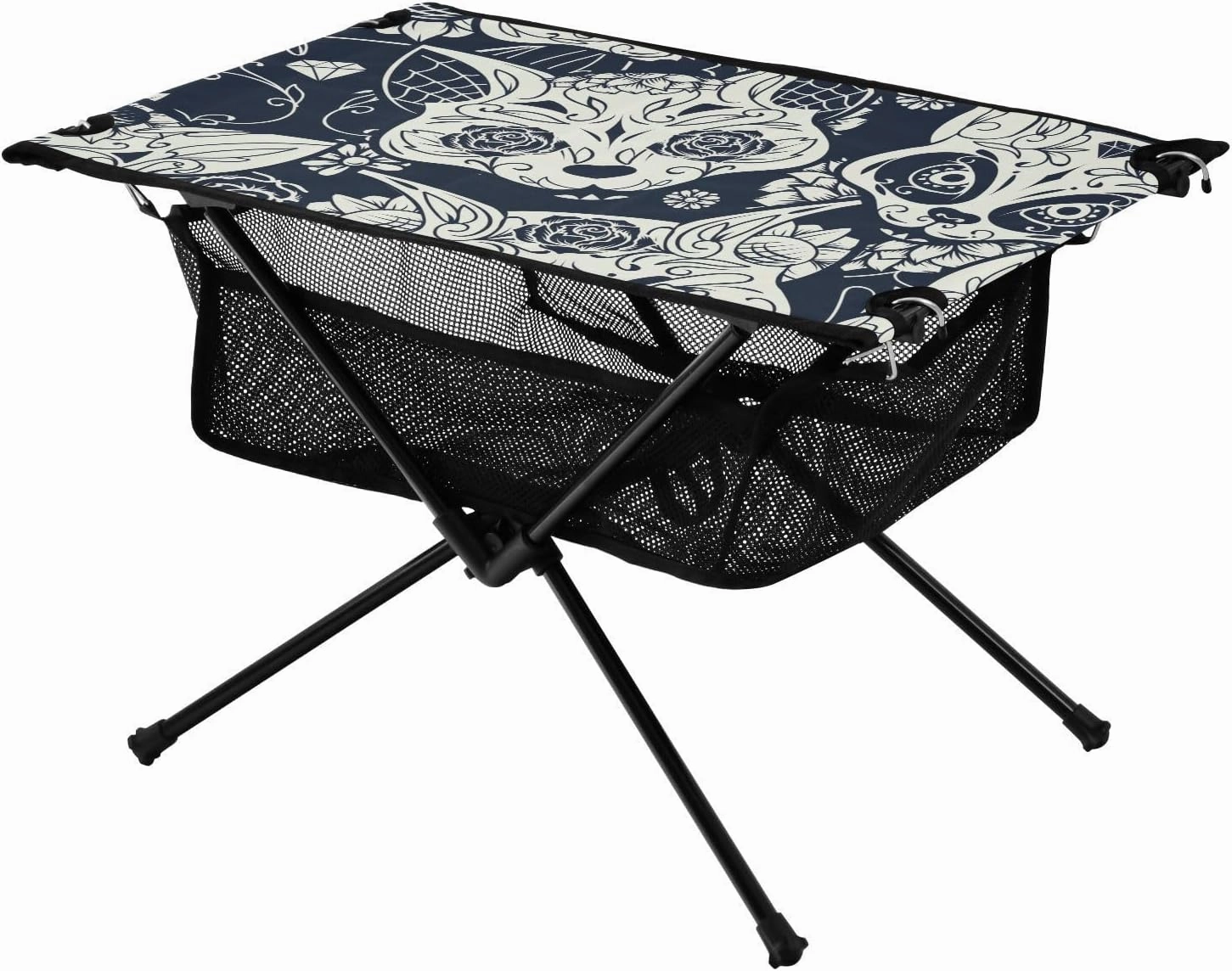 Bolaz Outdoor Folding Portable Picnic Camping Table-Sugar Cat Skull Floral Grunge,Storage Mesh for Camping Gear Accessories, Hiking, Mountaineering, Outdoor Travel