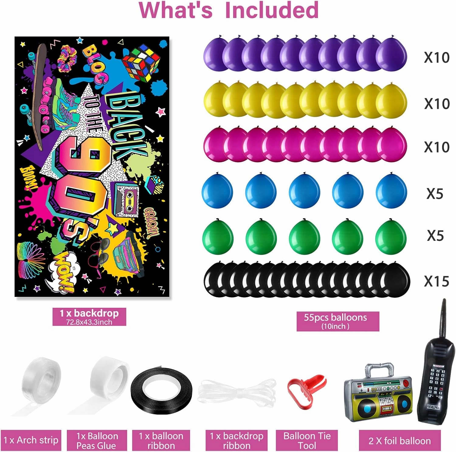 Breling 80s 90s Party Decorations: 80's 90's Party Bundle Includes Inflatable Radio Boombox and Mobile Phone, Backdrop, 55 Balloons, 80s 90s Supplies