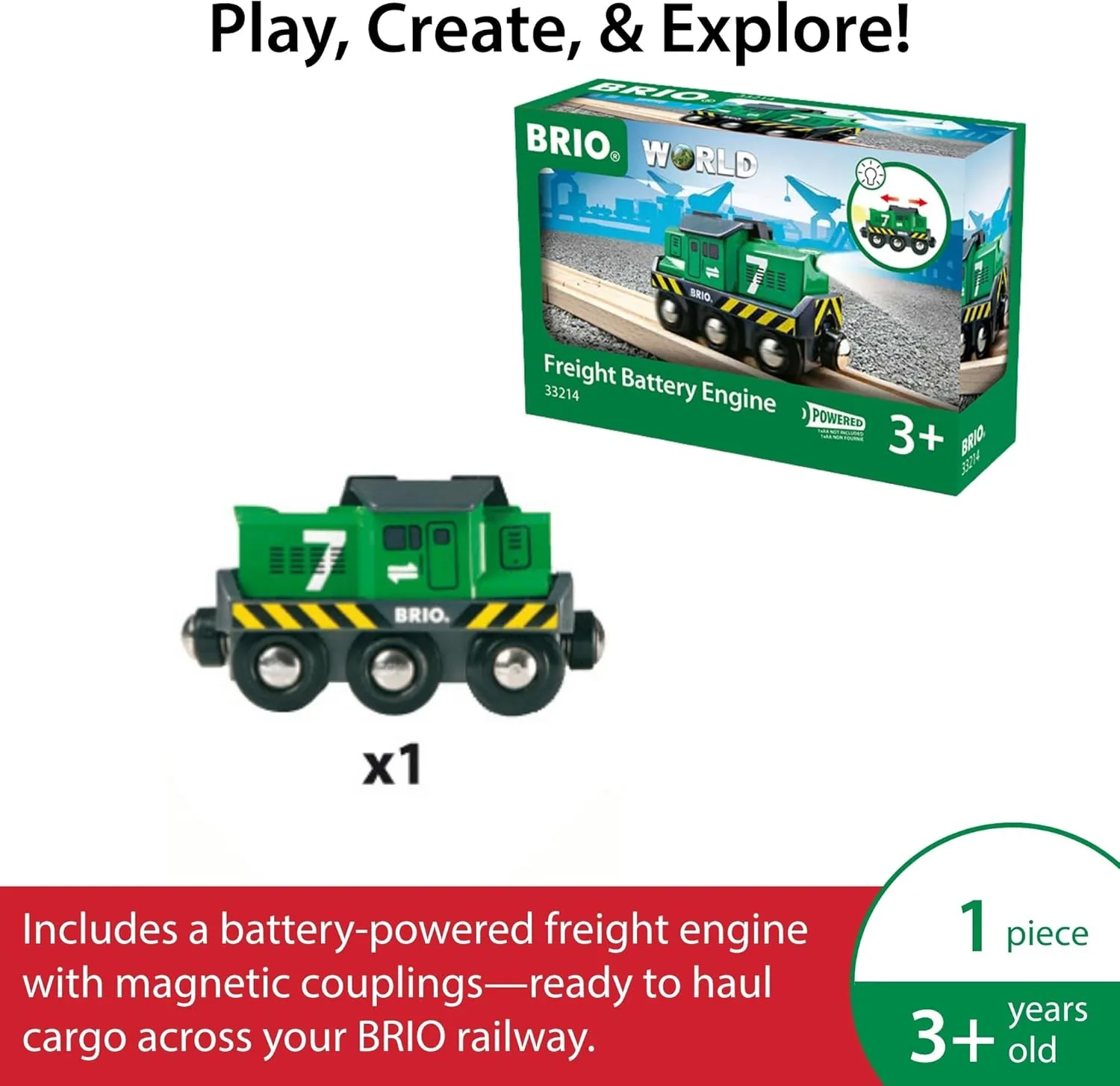 BRIO World Freight Battery Engine - Battery-Operated Toy Train for Wooden Tracks - Powerful Motorized Train Engine Pulls The Longest Sets - Works with All Railway Sets - Ages 3 & Up