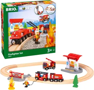BRIO World Rescue Firefighter Set - 18-Piece FSC-Certified Wood Train Set & Accessories - Fire Train Engine with Lights and Sound, Wooden Tracks & More - Works with All Sets - Ages 3 & Up