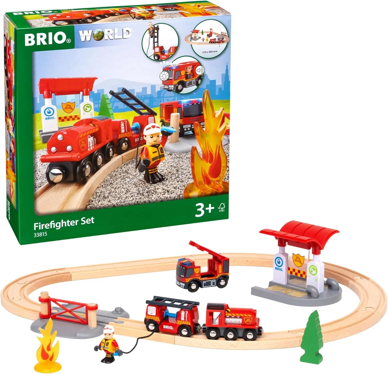 BRIO World Rescue Firefighter Set - 18-Piece FSC-Certified Wood Train Set & Accessories - Fire Train Engine with Lights and Sound, Wooden Tracks & More - Works with All Sets - Ages 3 & Up