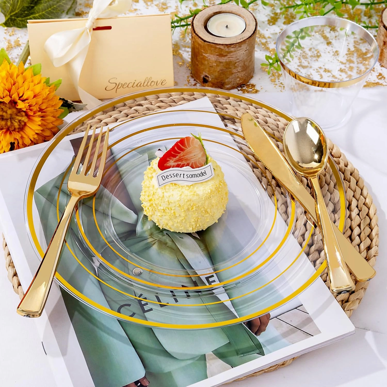 bUCLA 300Pcs Clear Gold Plastic Disposable Dinnerware Set - Clear Plates with Gold Trim Include 50 Dinner / 50 Dessert Plates,50 Cups,150 Plastic Silverware Set for Party&Wedding