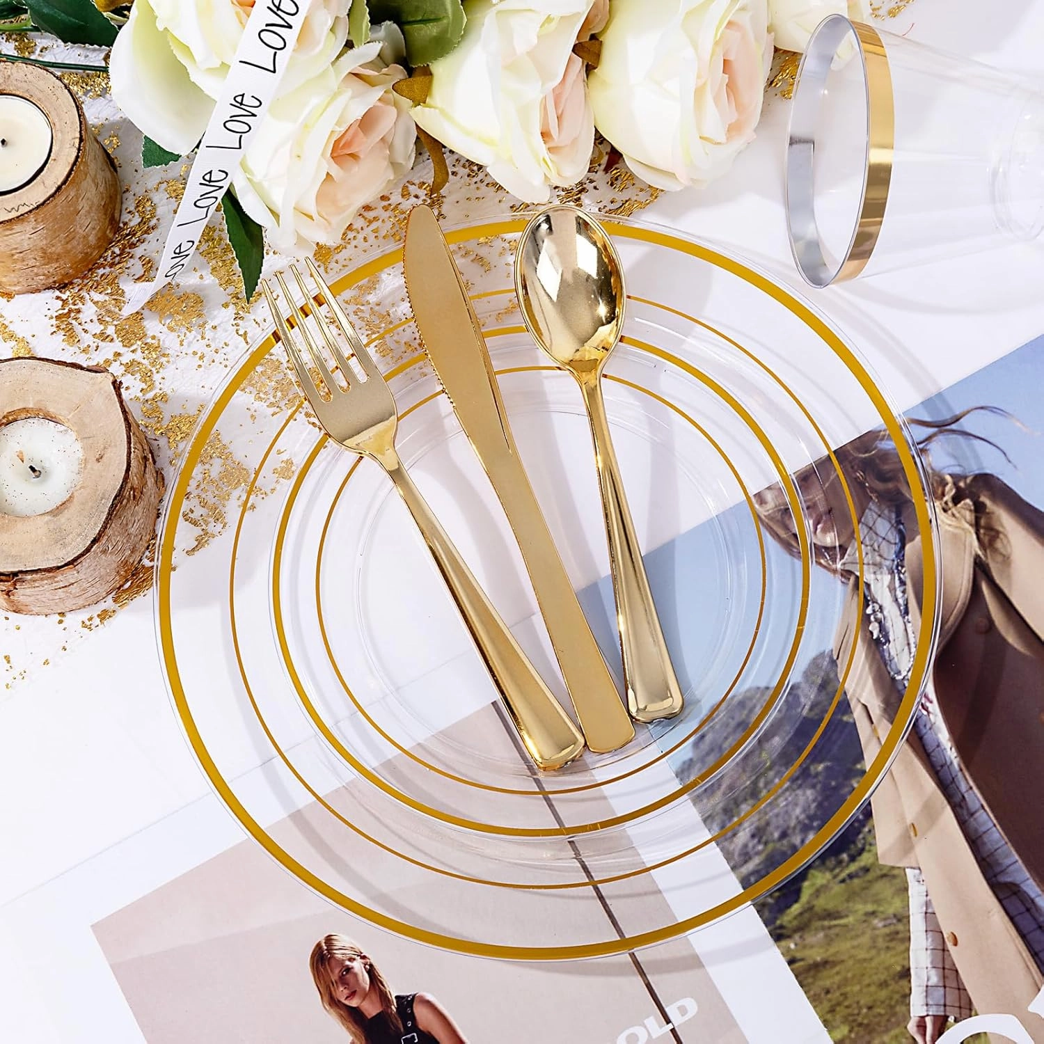 bUCLA 300Pcs Clear Gold Plastic Disposable Dinnerware Set - Clear Plates with Gold Trim Include 50 Dinner / 50 Dessert Plates,50 Cups,150 Plastic Silverware Set for Party&Wedding