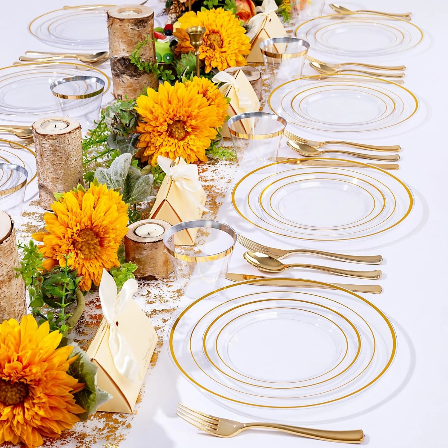 bUCLA 300Pcs Clear Gold Plastic Disposable Dinnerware Set - Clear Plates with Gold Trim Include 50 Dinner / 50 Dessert Plates,50 Cups,150 Plastic Silverware Set for Party&Wedding