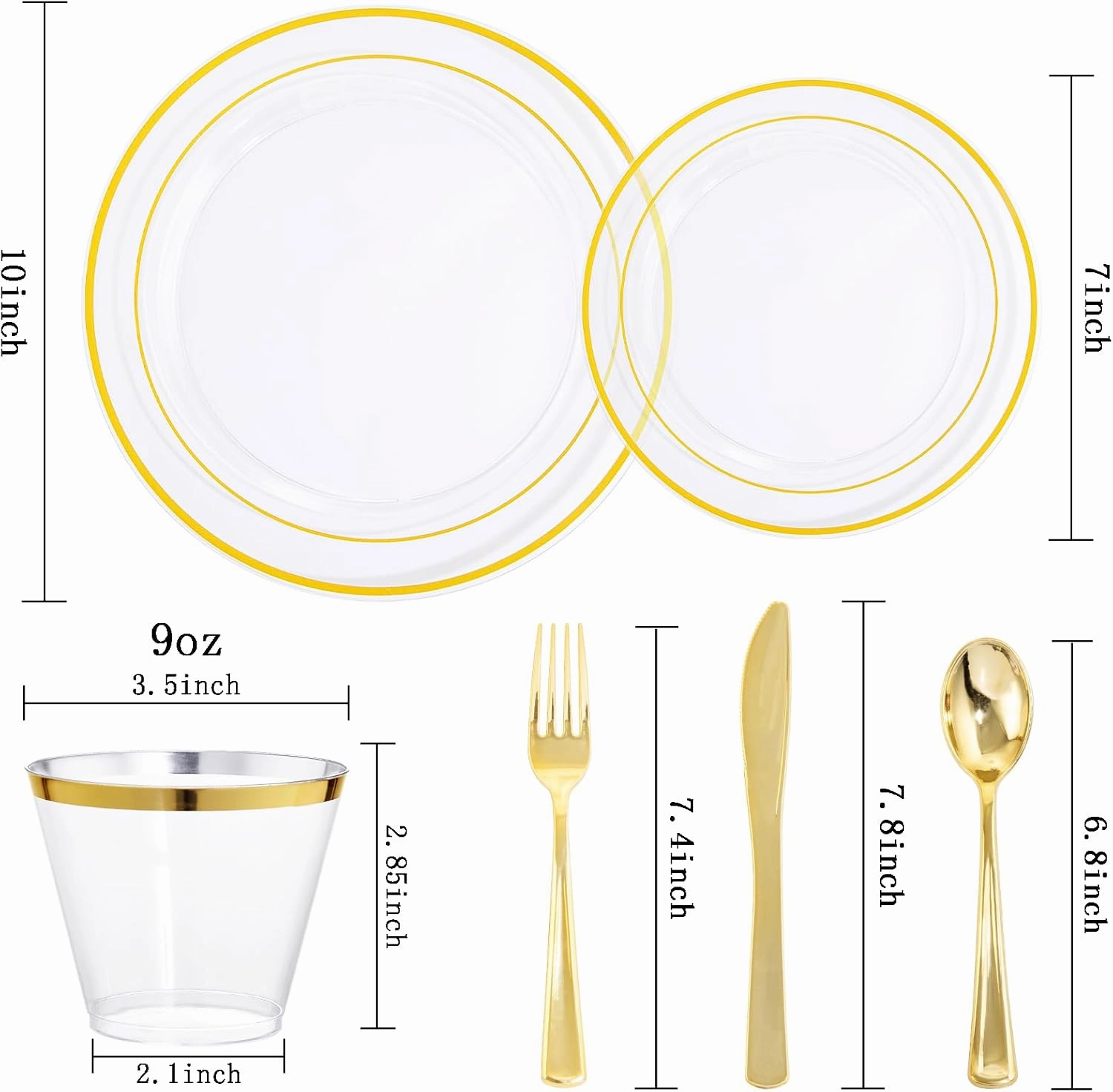 bUCLA 300Pcs Clear Gold Plastic Disposable Dinnerware Set - Clear Plates with Gold Trim Include 50 Dinner / 50 Dessert Plates,50 Cups,150 Plastic Silverware Set for Party&Wedding
