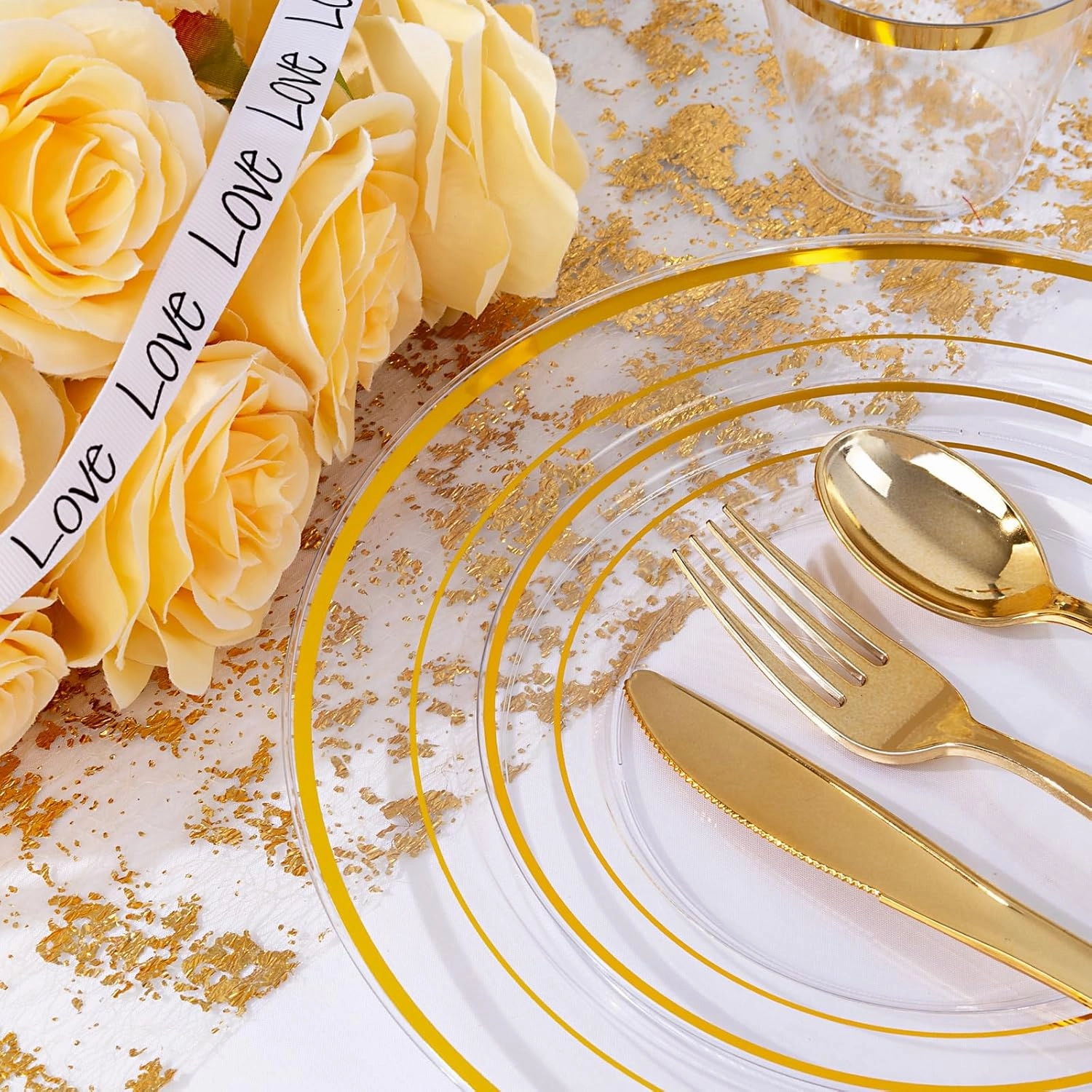 bUCLA 300Pcs Clear Gold Plastic Disposable Dinnerware Set - Clear Plates with Gold Trim Include 50 Dinner / 50 Dessert Plates,50 Cups,150 Plastic Silverware Set for Party&Wedding