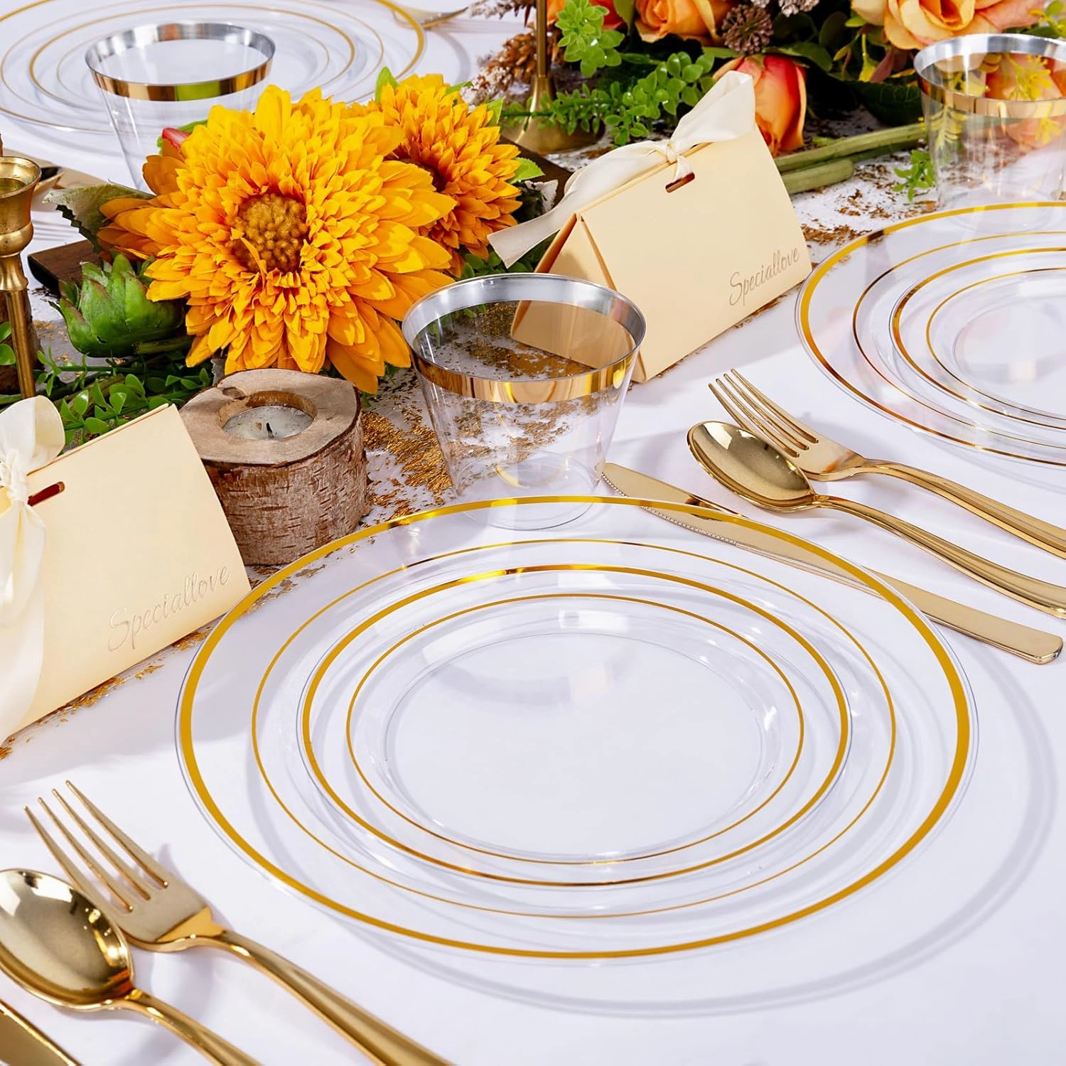 bUCLA 300Pcs Clear Gold Plastic Disposable Dinnerware Set - Clear Plates with Gold Trim Include 50 Dinner / 50 Dessert Plates,50 Cups,150 Plastic Silverware Set for Party&Wedding