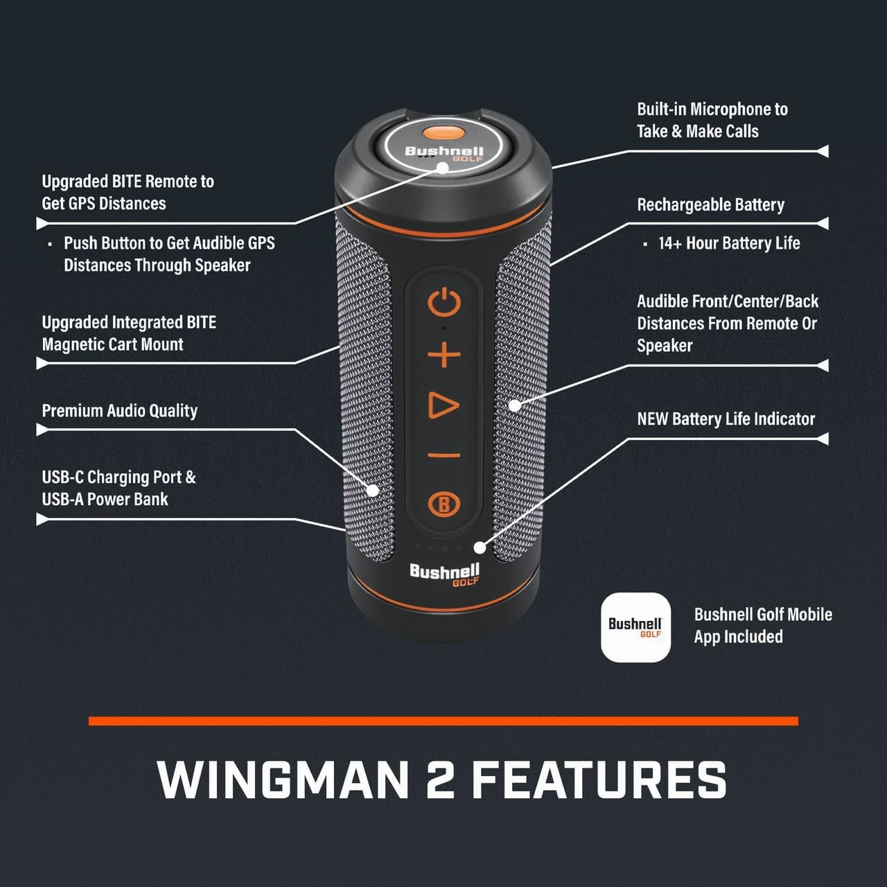 Bushnell Wingman 2 Golf GPS Speaker - Bluetooth Speaker with Integrated BITE Magnetic Mount & Battery Indicator - Perfect Golf Gift - Includes Protective Pouch, Red Bow