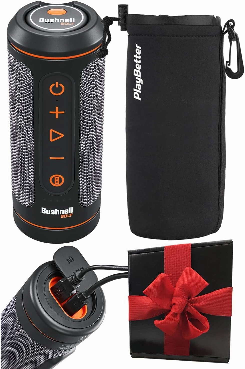 Bushnell Wingman 2 Golf GPS Speaker - Bluetooth Speaker with Integrated BITE Magnetic Mount & Battery Indicator - Perfect Golf Gift - Includes Protective Pouch, Red Bow