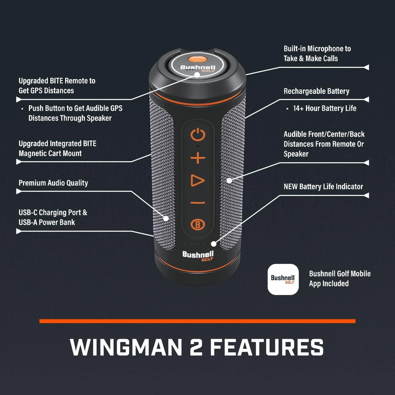 Bushnell Wingman 2 Golf Speaker with GPS (2024) | Remote Controlled Voice GPS Distances, Music, 40,000  Courses, BITE Magnetic Cart Mount - Bundle with PlayBetter Protective Wingman Pouch