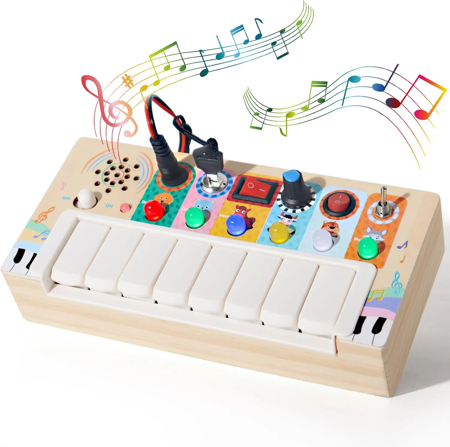 Busy Board Montessori Toys，Baby Magic Xylophone Wooden Musical Toy with Lights,, Baby Wooden Busy Board with 6 LED Light switches, Sensory Toys Light Switch Toys Travel Toys for 1  Year Old