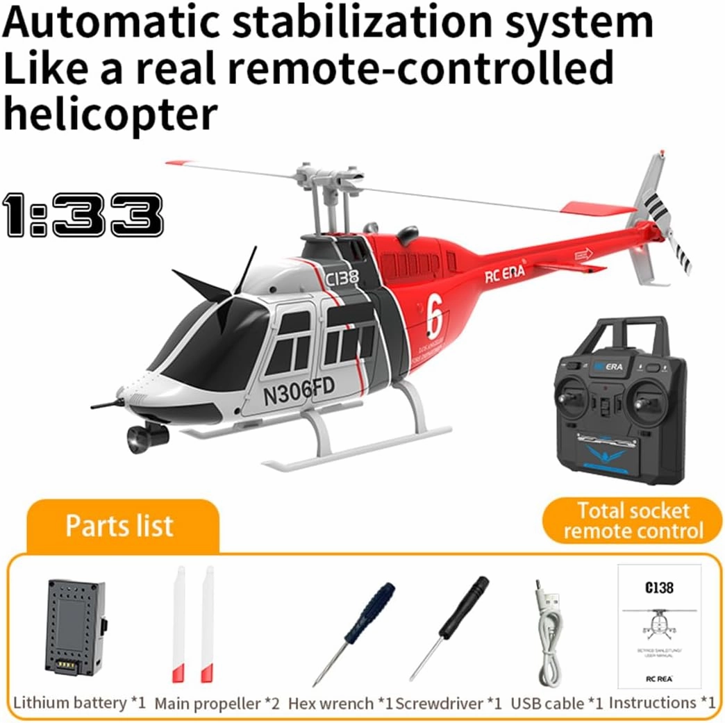 C138 RC Helicopter, 1/33 Scale Bell 206 Remote Control Helicopter, 2.4G 6CH 6-Axis Gyro Altitude Hold No Aileron RTF for Adults, Beginners, Hobbyists