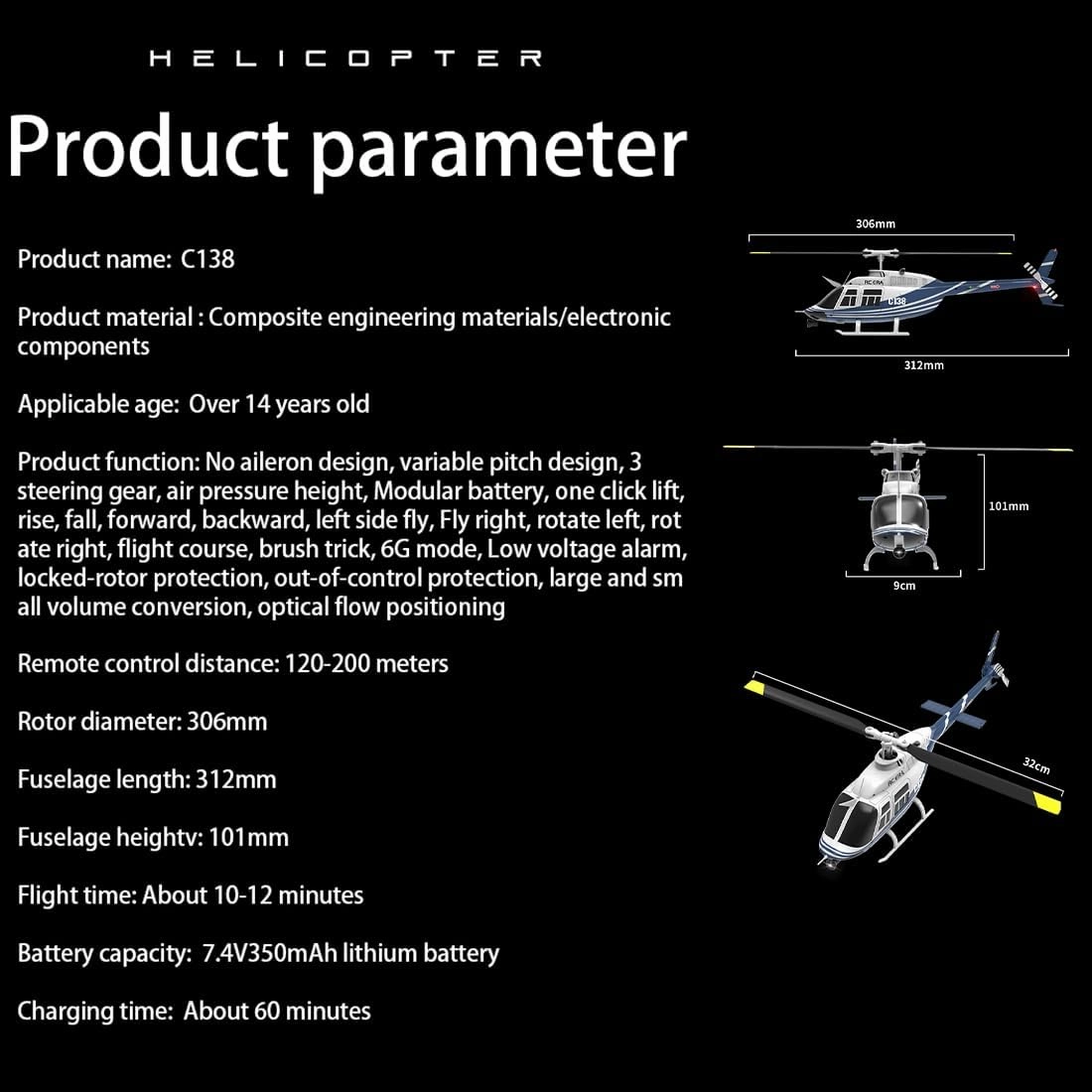 C138 RC Helicopter, 1/33 Scale Bell 206 Remote Control Helicopter, 2.4G 6CH 6-Axis Gyro Altitude Hold No Aileron RTF for Adults, Beginners, Hobbyists