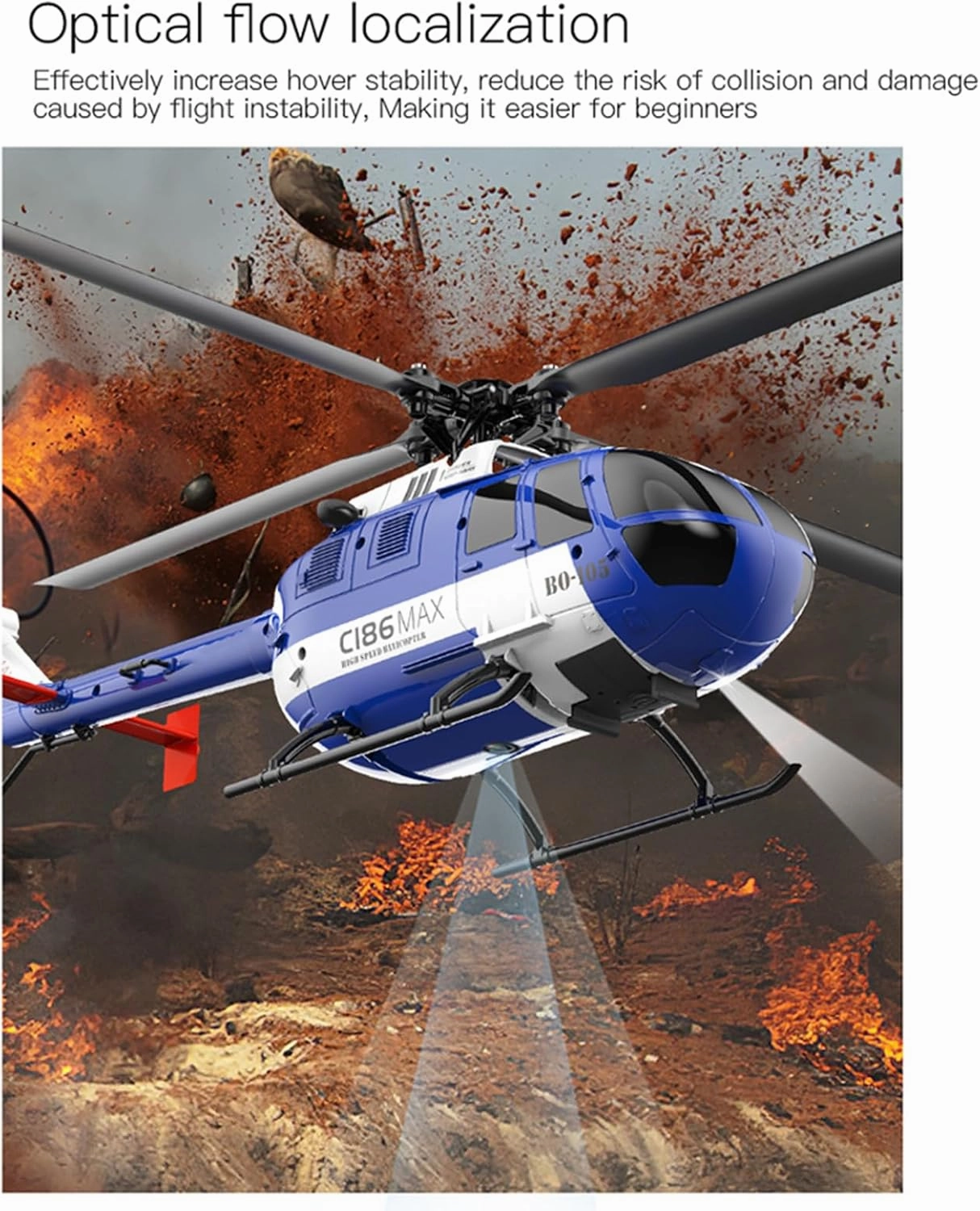 C186 RC Helicopter, 1:48 Scale BO-105 Helicopter, New Upgrades 6-axis Gyroscope 2.4G 4CH Single Propeller Aileron Free Optical Flow Positioning Low Voltage Alarm One Click Function