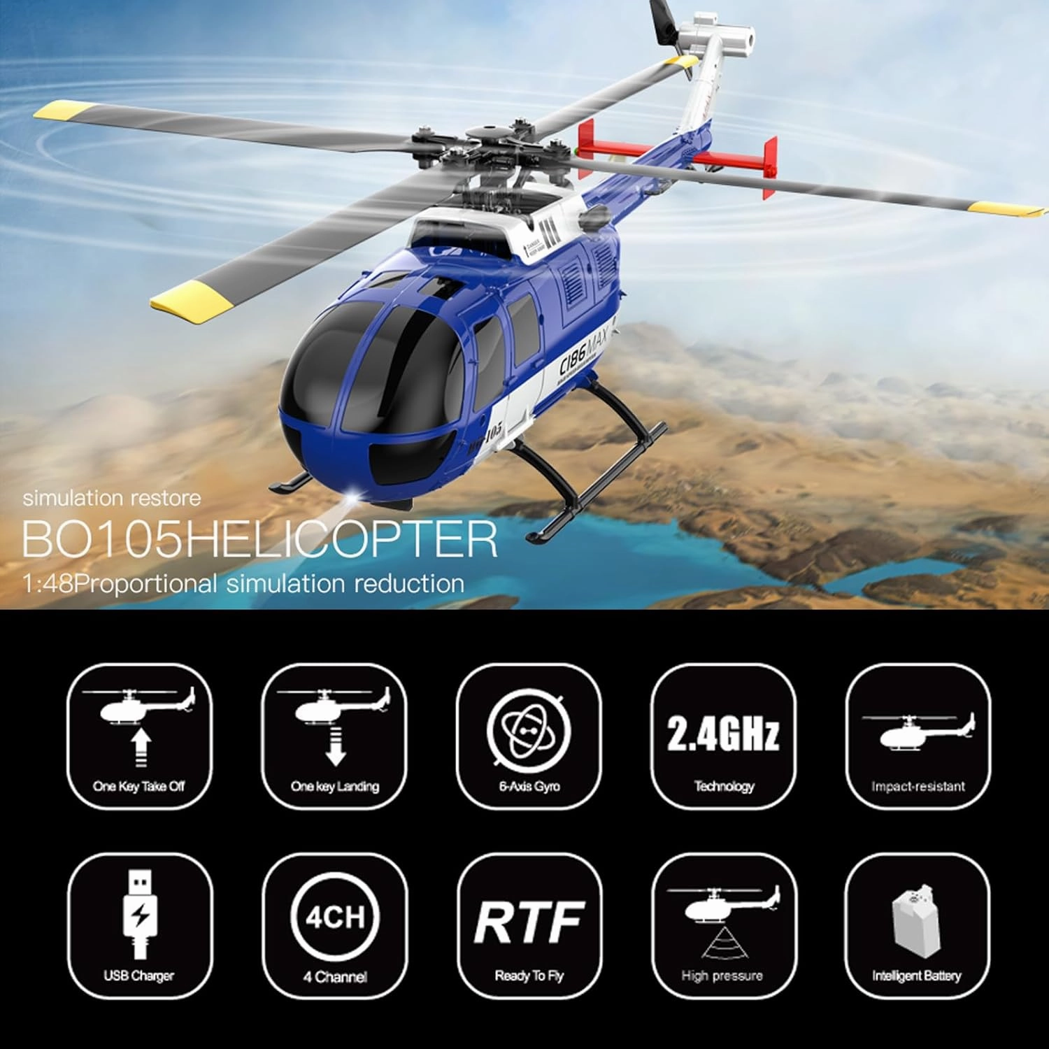 C186 RC Helicopter, 1:48 Scale BO-105 Helicopter, New Upgrades 6-axis Gyroscope 2.4G 4CH Single Propeller Aileron Free Optical Flow Positioning Low Voltage Alarm One Click Function