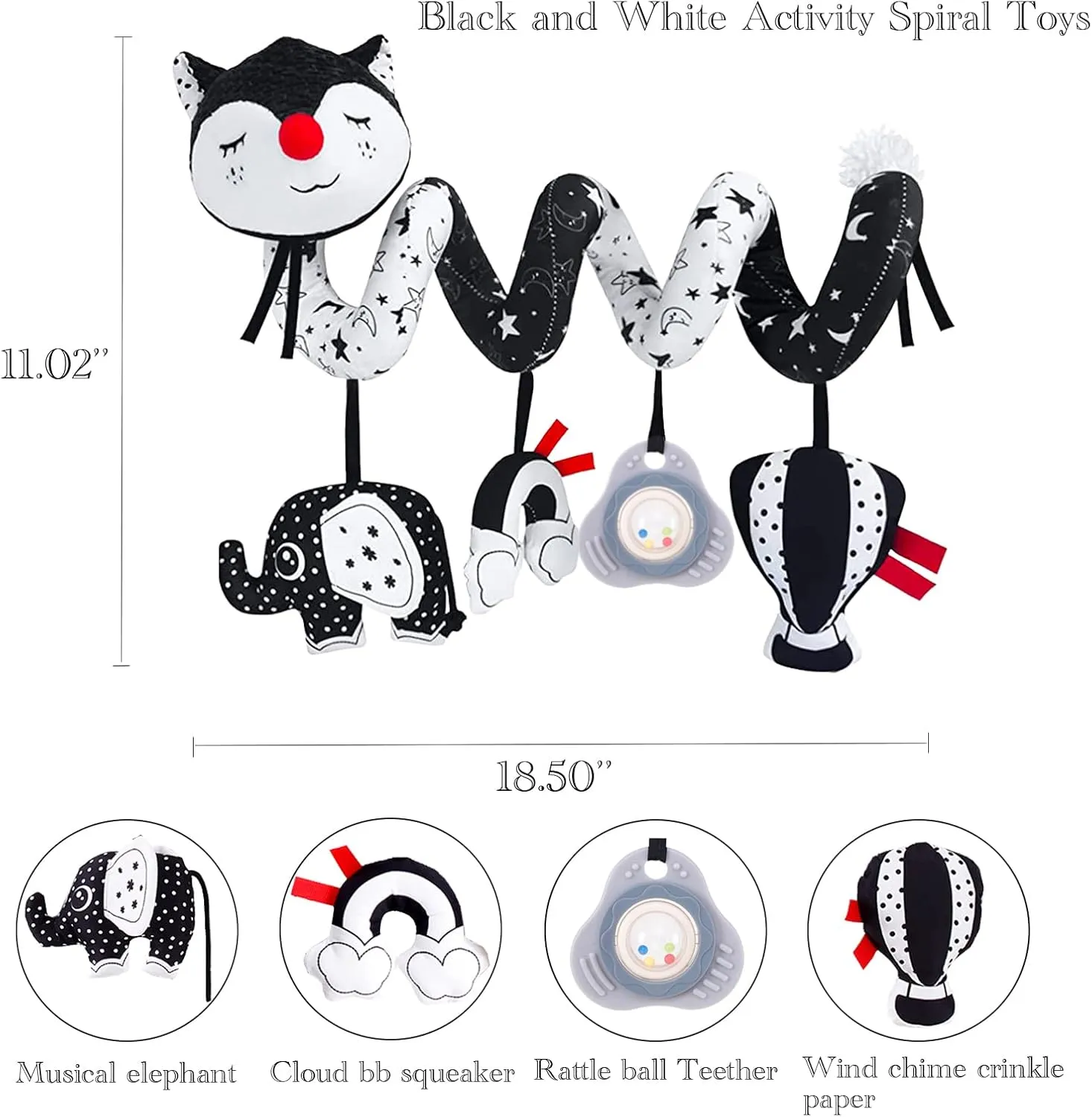 Car Seat Toys, High Contrast Black and White Toy for Infants 0-3 6 12 Months, Musical Black Fox Carseat Toys Stroller Toy for Babies Newborns