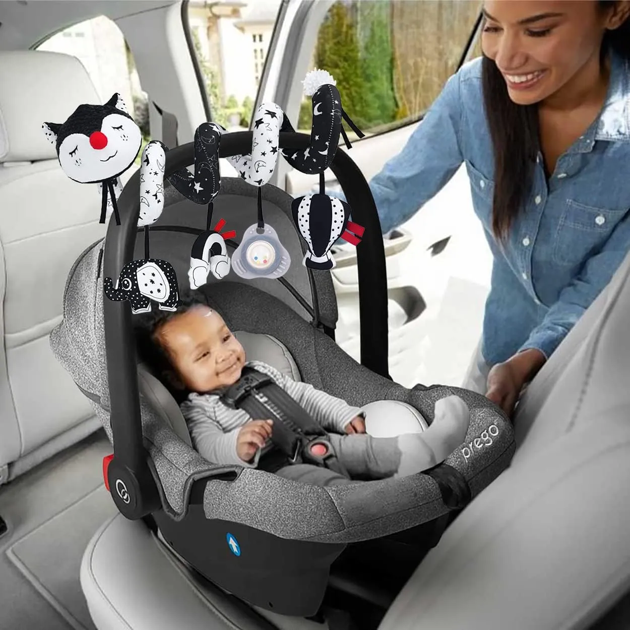 Car Seat Toys, High Contrast Black and White Toy for Infants 0-3 6 12 Months, Musical Black Fox Carseat Toys Stroller Toy for Babies Newborns