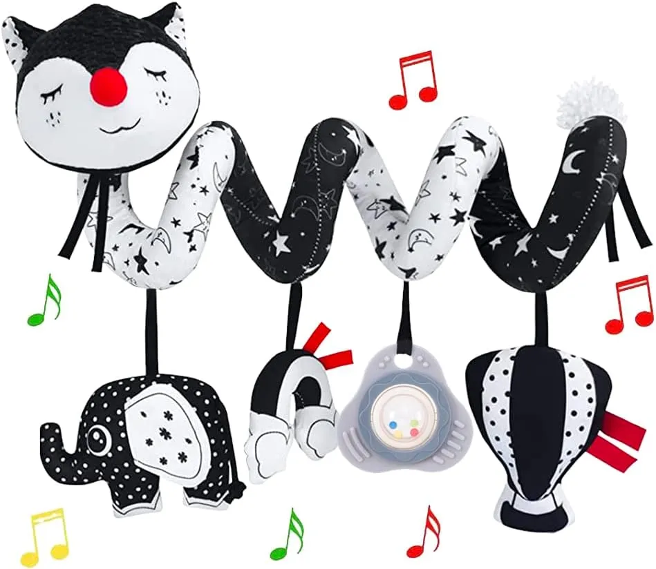 Car Seat Toys, High Contrast Black and White Toy for Infants 0-3 6 12 Months, Musical Black Fox Carseat Toys Stroller Toy for Babies Newborns