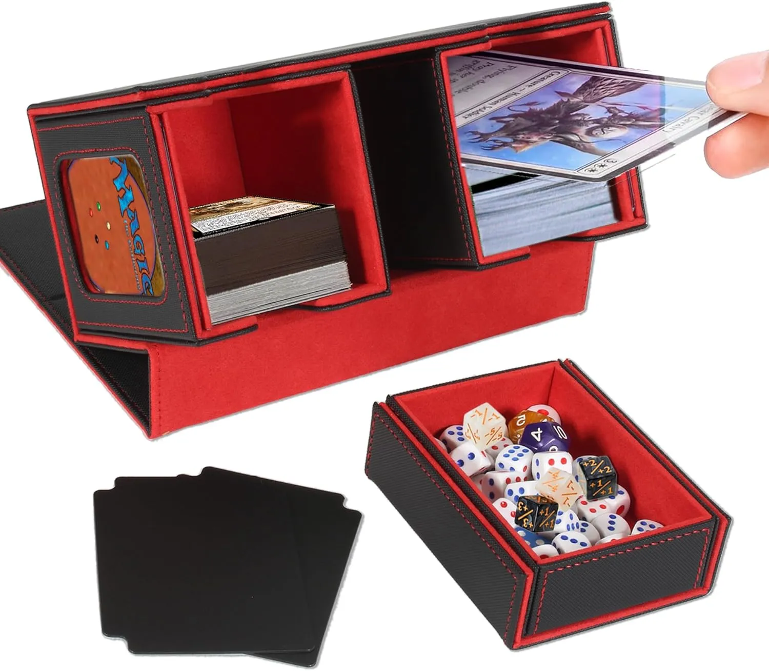 Card Deck Box for Trading Cards with Dice Storage, Double window separation Box Holds 200  Single Sleeved Cards, PU Leather Magnetic Closure Storage Case for Magic Commander TCG CCG (Black&Red)
