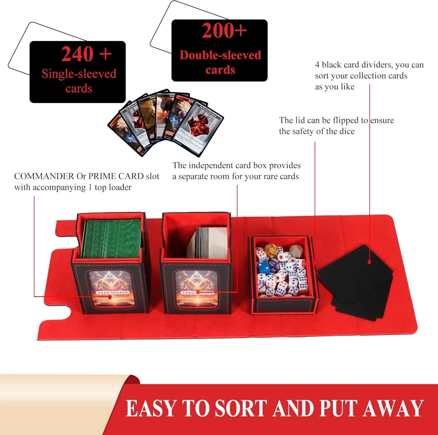 Card Deck Box for Trading Cards with Dice Storage, Double window separation Box Holds 200  Single Sleeved Cards, PU Leather Magnetic Closure Storage Case for Magic Commander TCG CCG (Black&Red)
