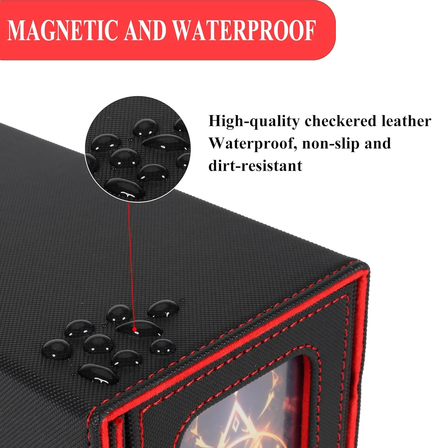 Card Deck Box for Trading Cards with Dice Storage, Double window separation Box Holds 200  Single Sleeved Cards, PU Leather Magnetic Closure Storage Case for Magic Commander TCG CCG (Black&Red)