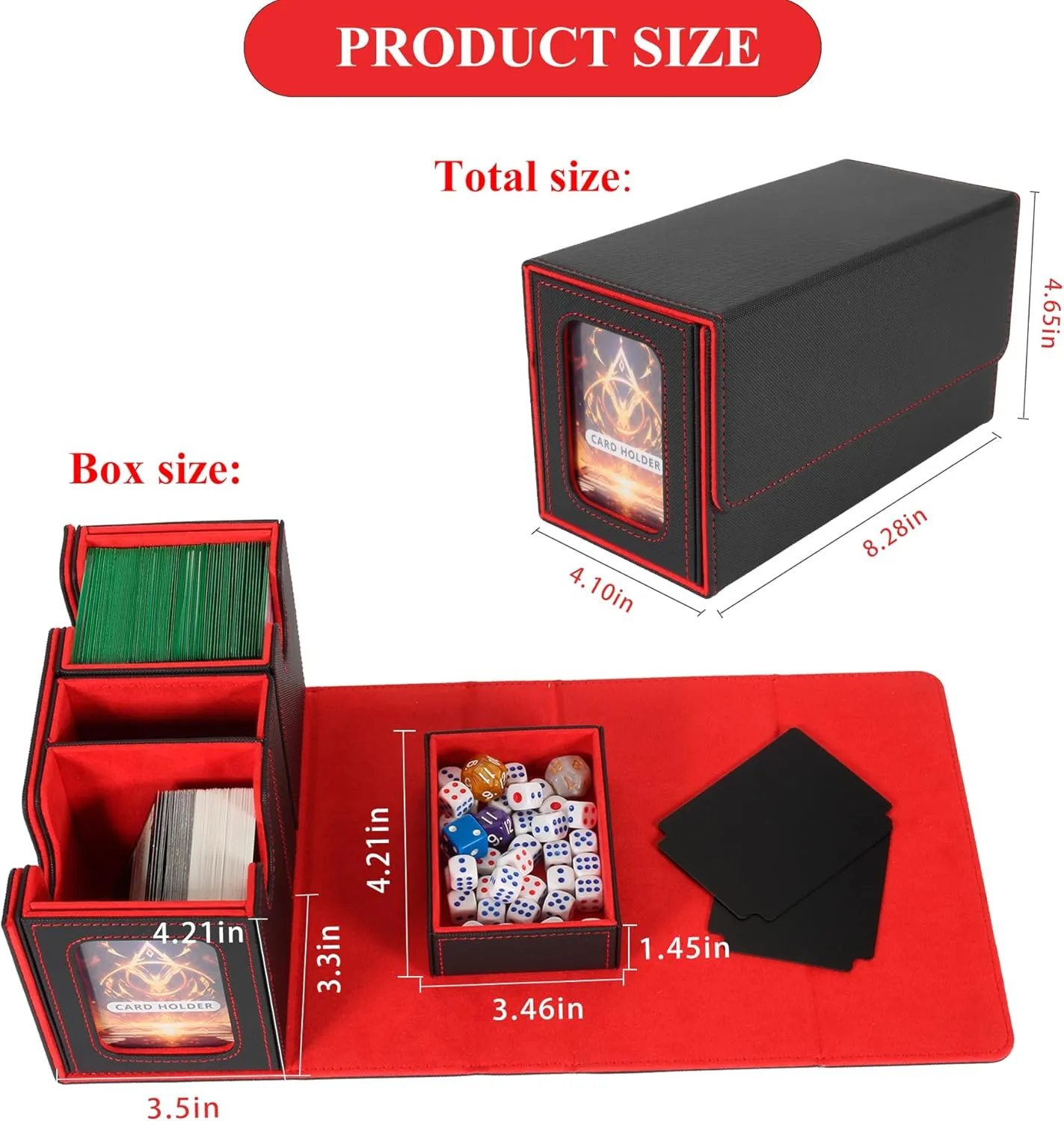Card Deck Box for Trading Cards with Dice Storage, Double window separation Box Holds 200  Single Sleeved Cards, PU Leather Magnetic Closure Storage Case for Magic Commander TCG CCG (Black&Red)