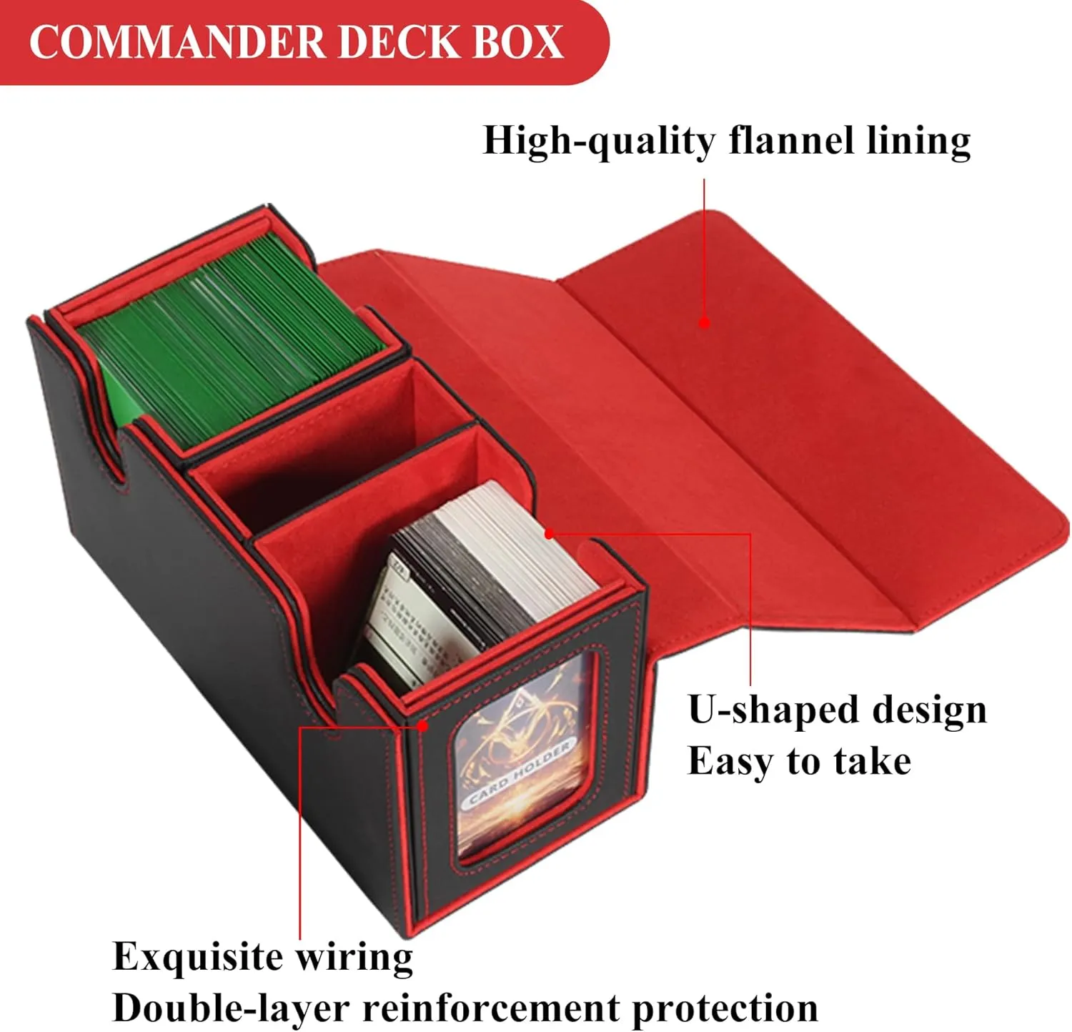 Card Deck Box for Trading Cards with Dice Storage, Double window separation Box Holds 200  Single Sleeved Cards, PU Leather Magnetic Closure Storage Case for Magic Commander TCG CCG (Black&Red)