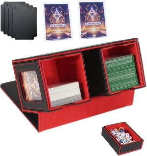 Card Deck Box for Trading Cards with Dice Storage, Double window separation Box Holds 200  Single Sleeved Cards, PU Leather Magnetic Closure Storage Case for Magic Commander TCG CCG (Black&Red)