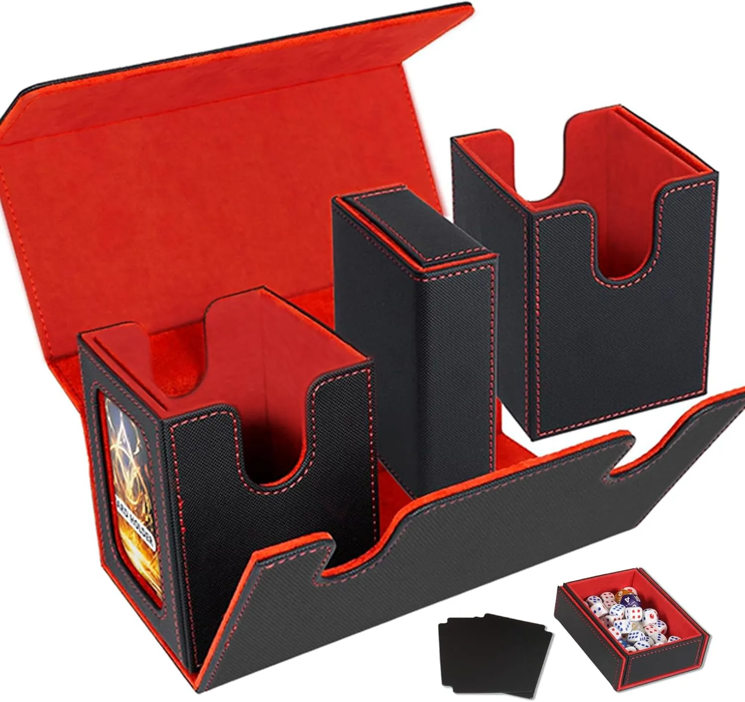 Card Deck Box for Trading Cards with Dice Storage, Double window separation Box Holds 200  Single Sleeved Cards, PU Leather Magnetic Closure Storage Case for Magic Commander TCG CCG (Black&Red)
