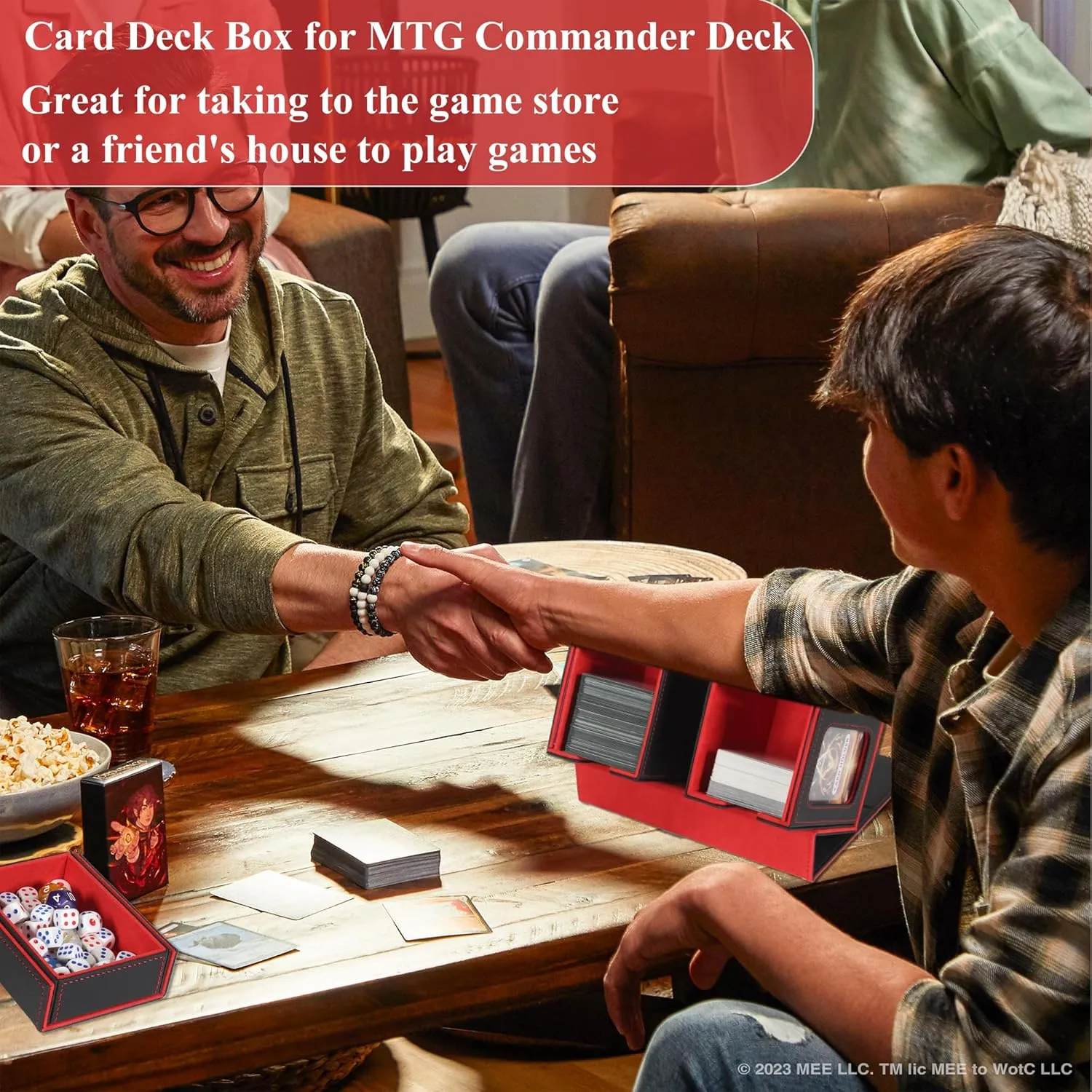 Card Deck Box for Trading Cards with Dice Storage, Double window separation Box Holds 200  Single Sleeved Cards, PU Leather Magnetic Closure Storage Case for Magic Commander TCG CCG (Black&Red)