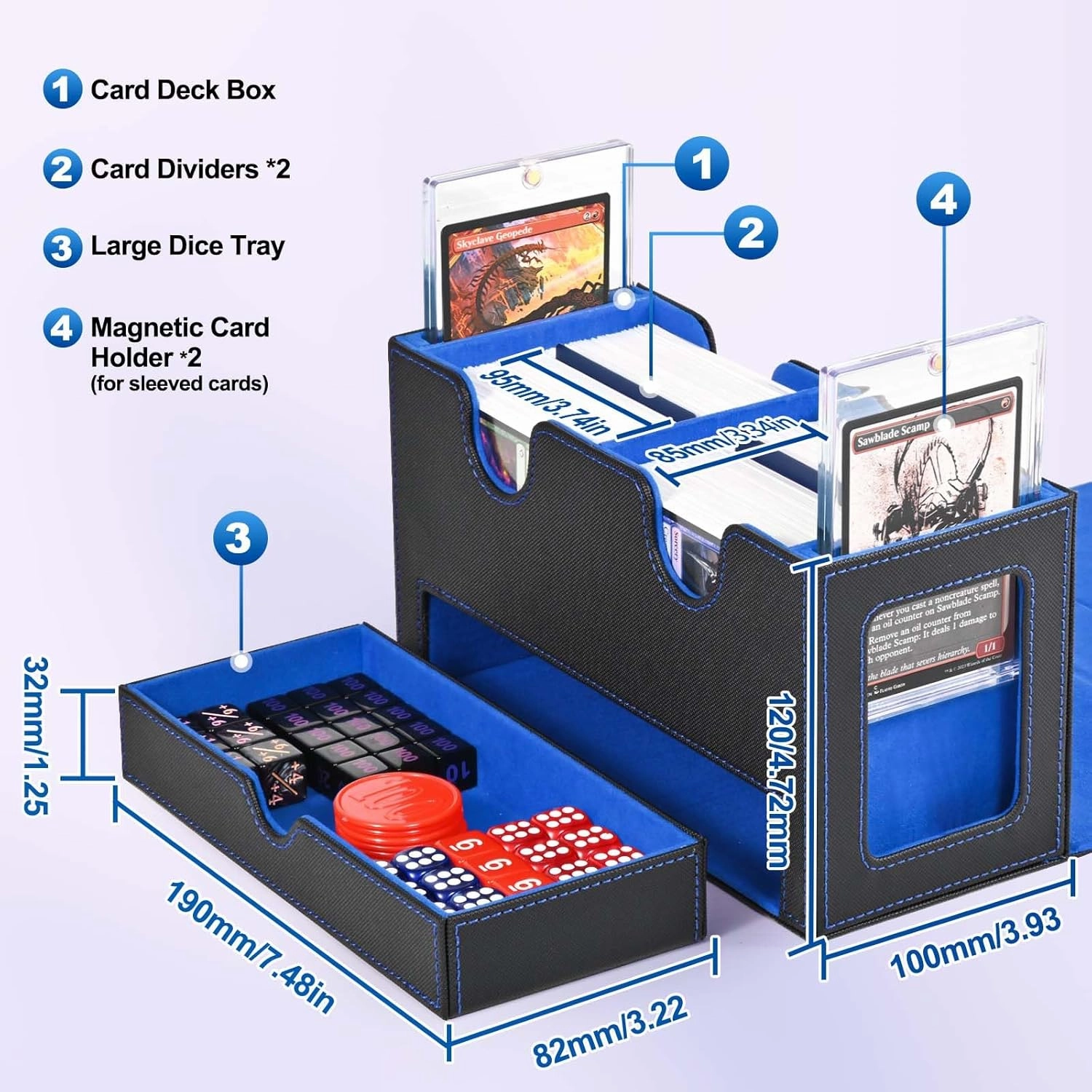 Card Deck Box for MTG, Double Deck Storage Box with 2 Commander Display & 1 Dice Tray, Fits 200  Double Sleeved, Card Organizer for CCG TCG Sports (Black Blue)