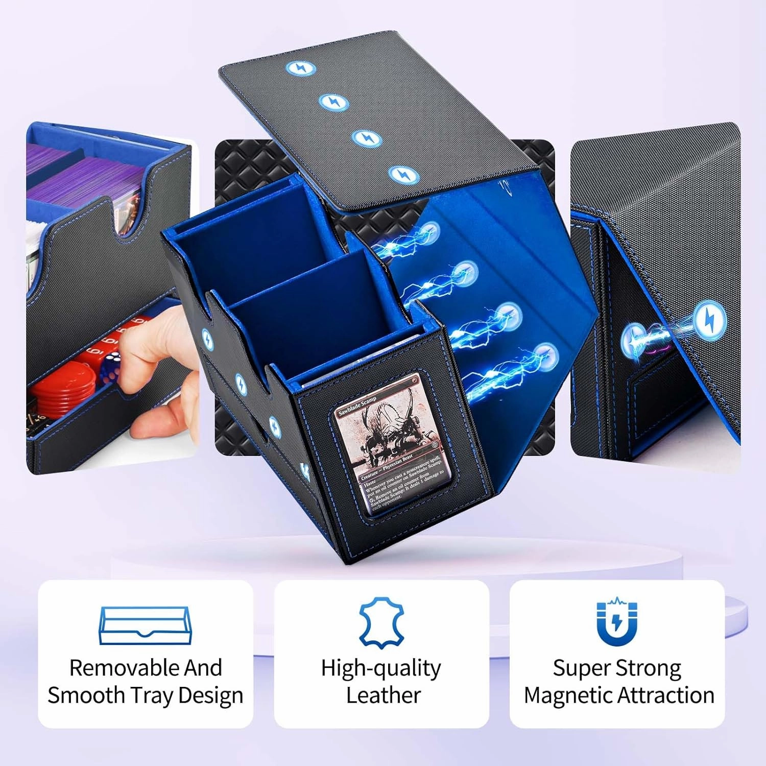 Card Deck Box for MTG, Double Deck Storage Box with 2 Commander Display & 1 Dice Tray, Fits 200  Double Sleeved, Card Organizer for CCG TCG Sports (Black Blue)
