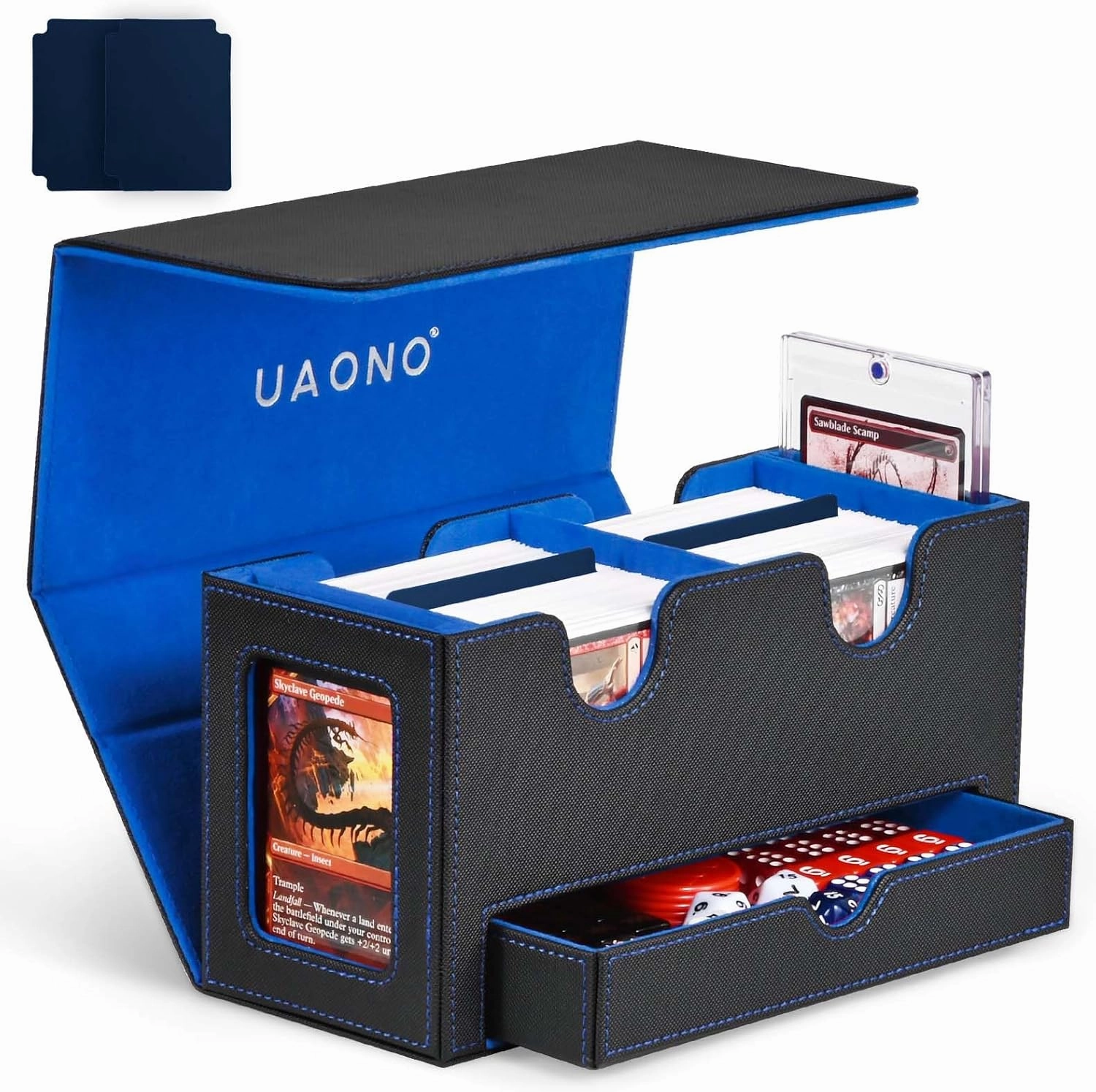 Card Deck Box for MTG, Double Deck Storage Box with 2 Commander Display & 1 Dice Tray, Fits 200  Double Sleeved, Card Organizer for CCG TCG Sports (Black Blue)