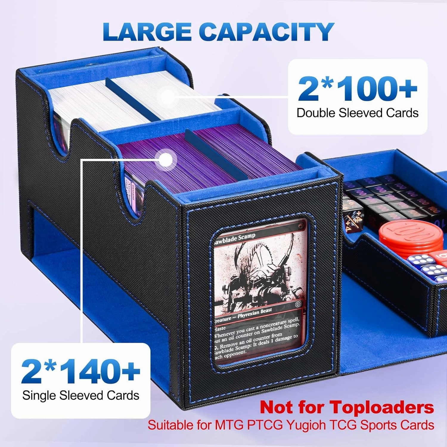 Card Deck Box for MTG, Double Deck Storage Box with 2 Commander Display & 1 Dice Tray, Fits 200  Double Sleeved, Card Organizer for CCG TCG Sports (Black Blue)