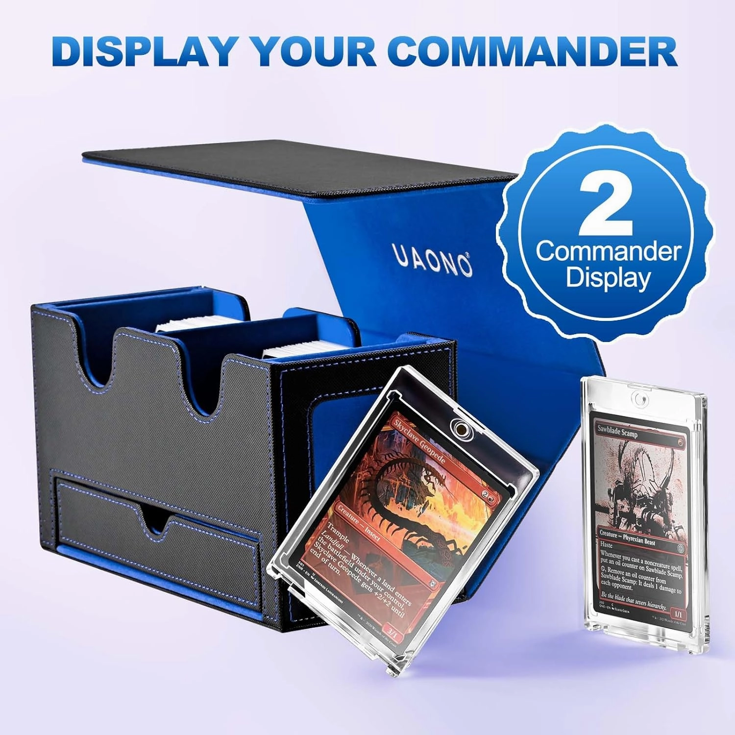 Card Deck Box for MTG, Double Deck Storage Box with 2 Commander Display & 1 Dice Tray, Fits 200  Double Sleeved, Card Organizer for CCG TCG Sports (Black Blue)