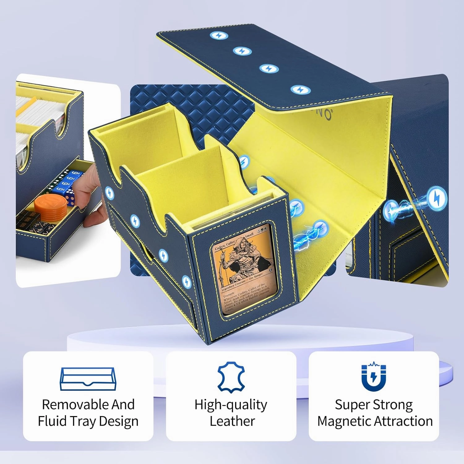 Card Deck Box for MTG, Double Deck Storage Box with 2 Commander Display & 1 Dice Tray, Fits 200  Double Sleeved Cards, Card Organizer for CCG TCG Sports (Blue Yellow)