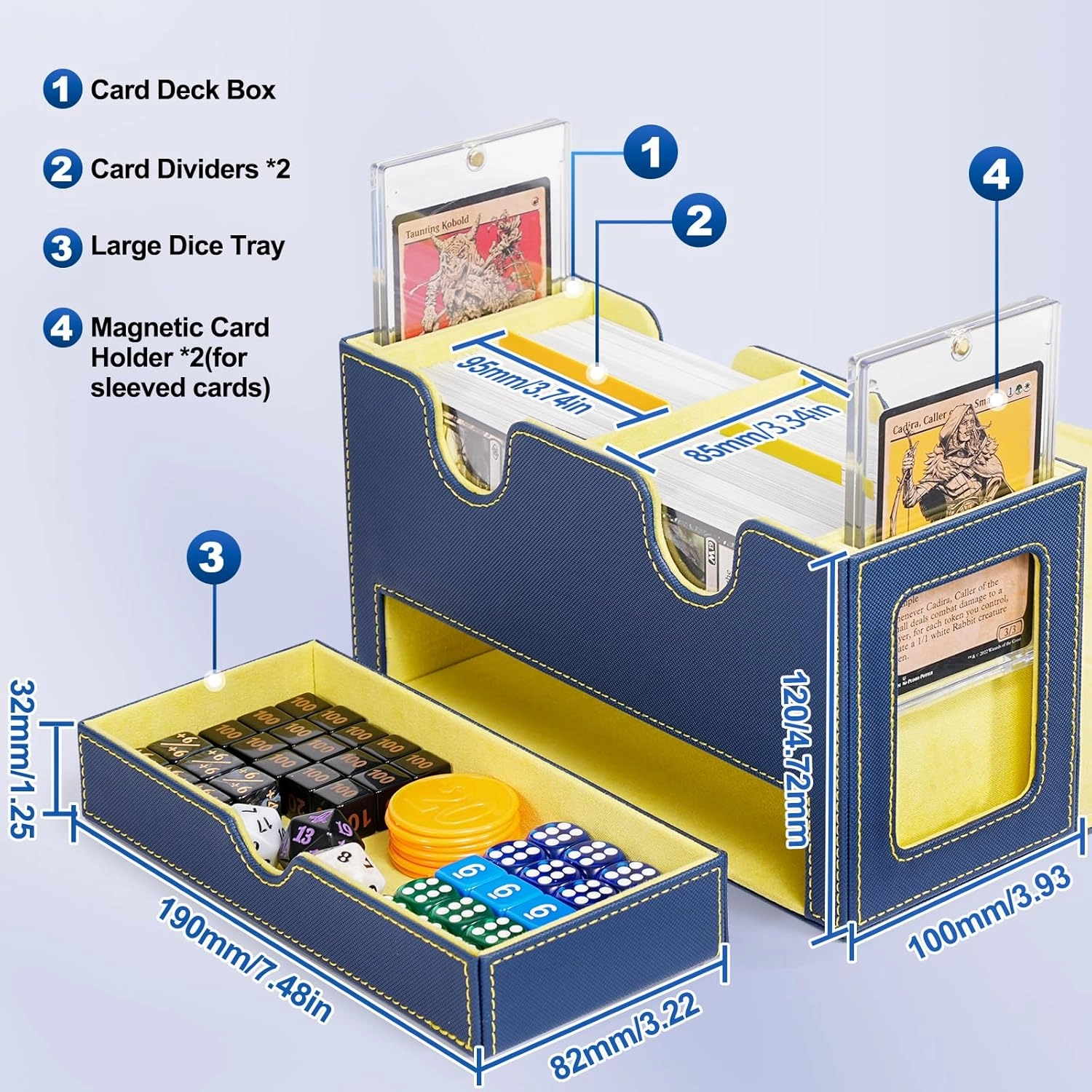 Card Deck Box for MTG, Double Deck Storage Box with 2 Commander Display & 1 Dice Tray, Fits 200  Double Sleeved Cards, Card Organizer for CCG TCG Sports (Blue Yellow)