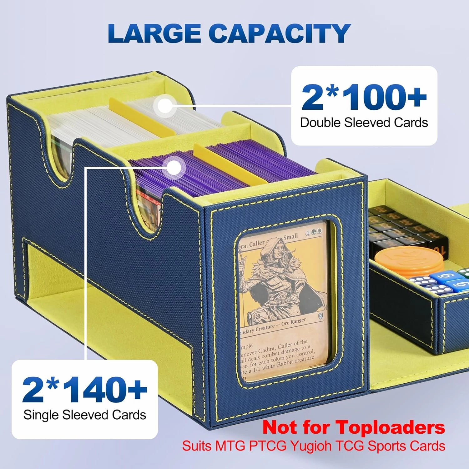 Card Deck Box for MTG, Double Deck Storage Box with 2 Commander Display & 1 Dice Tray, Fits 200  Double Sleeved Cards, Card Organizer for CCG TCG Sports (Blue Yellow)