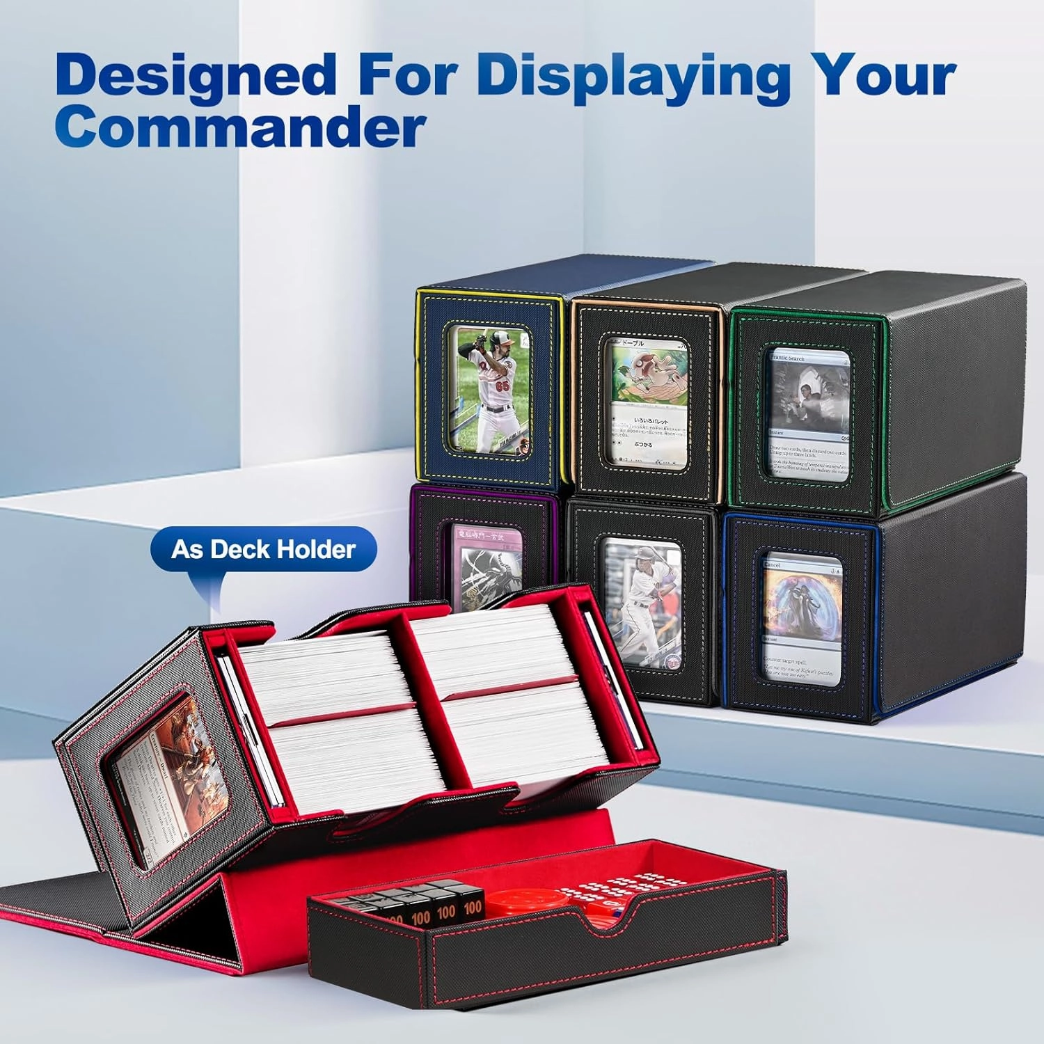 Card Deck Box for MTG, Double Deck Storage Box with 2 Commander Display & 1 Dice Tray, Fits 200  Double Sleeved Cards, Card Organizer for CCG TCG Sports (Blue Yellow)