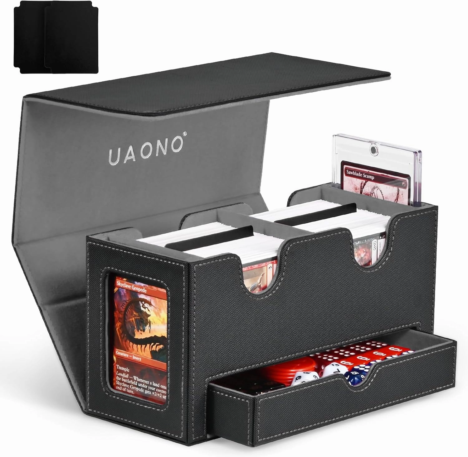 Card Deck Box for MTG, Double Storage Box with 2 Commander Display & 1 Dice Tray, Fits 200  Double Sleeved, Organizer for CCG TCG Sports(Black Gray)