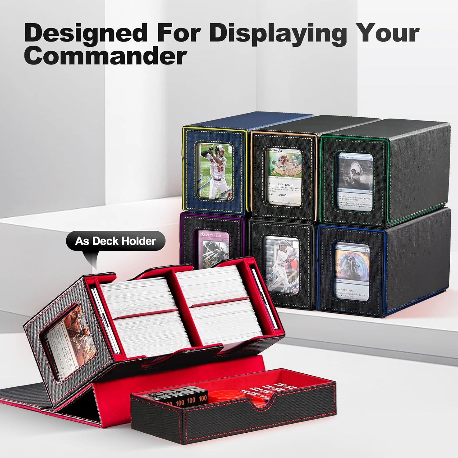 Card Deck Box for MTG, Double Storage Box with 2 Commander Display & 1 Dice Tray, Fits 200  Double Sleeved, Organizer for CCG TCG Sports(Black Gray)